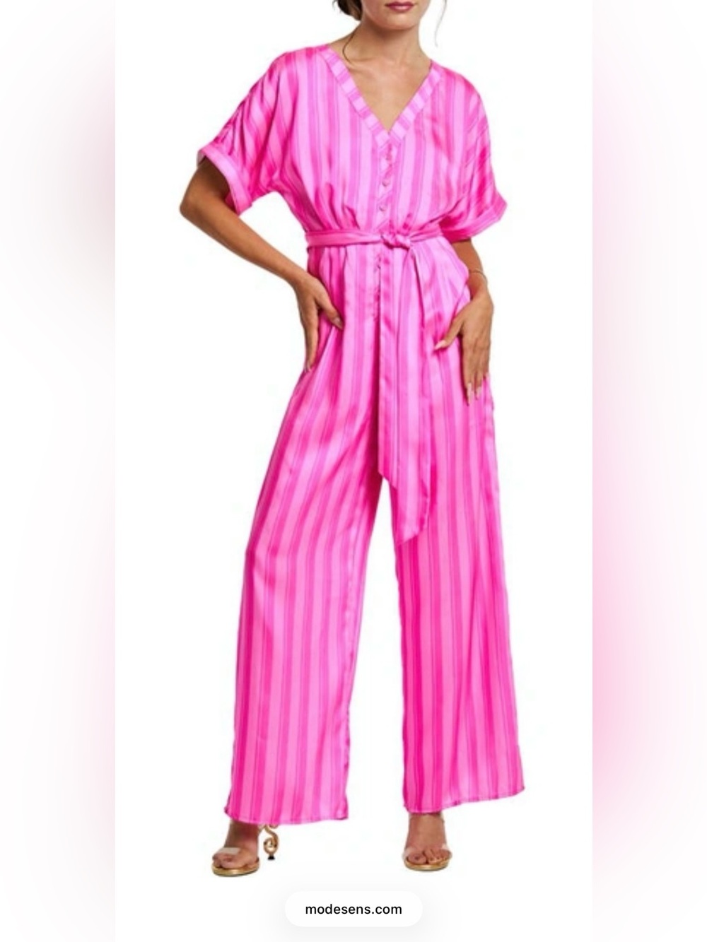 Nordstrom Bright Pink Ciebon Striped V-Neck Jumpsuit with Tie Waist